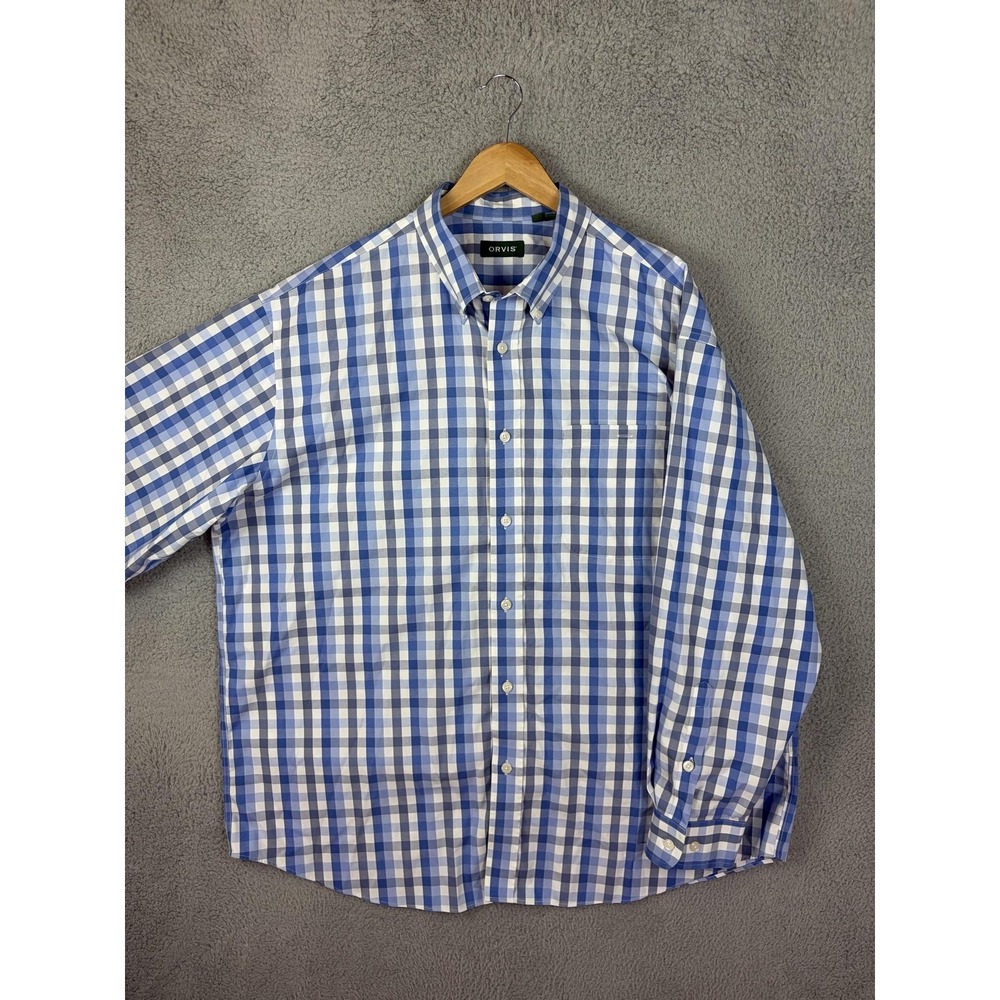 Orvis Shirt Mens 2XL Blue Check Long Sleeve Button Front Cotton Casual Mens